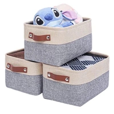 Image of Mangata Set of 3 Fabric Storage Boxes, Thicken Canvas Basket with Handles for Underwear, Clothes, Towel (Large, Grey/Beige)