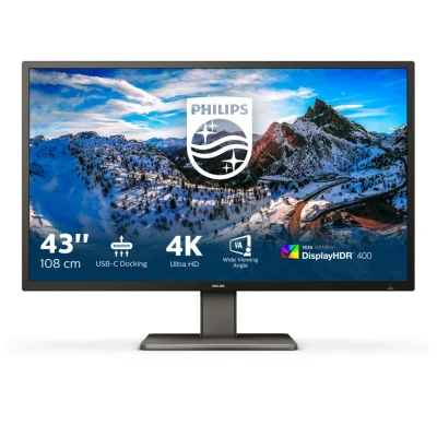 Image of PHILIPS 439P1 43 Inch 4K UHD Monitor, 60Hz, 4ms, VA, HDR 400, USB C Docking, KVM, Speakers, Height Adjust, MultiView (3840 x 2160 @ 60 Hz, 450 cd/m², HDMI/DP/USB C)
