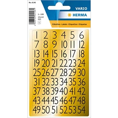 Image of HERMA 4146 Number Stickers 1 100 Made of Gold Foil (12 x 13 mm, 4 Sheets) Self Adhesive Permanent 216 Labels Gold/Black