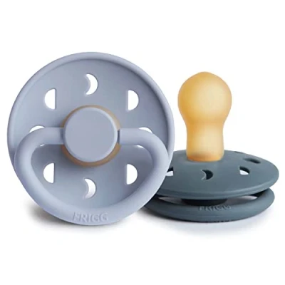 Image of FRIGG Moon Natural Rubber Baby Pacifier Made in Denmark BPA Free (Powder Blue/Slate, 0 6 Months) 2 Pack