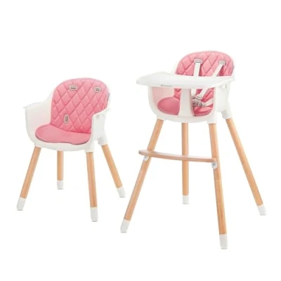 Image of Kinderkraft Sienna 2 in 1 Highchair, Baby Chair, Combination High Wooden Legs, 5 Point Harness, Footrest, Removable Tray, Non Slip Chair Leg Caps, from 6 Months to 4 Years, Pink