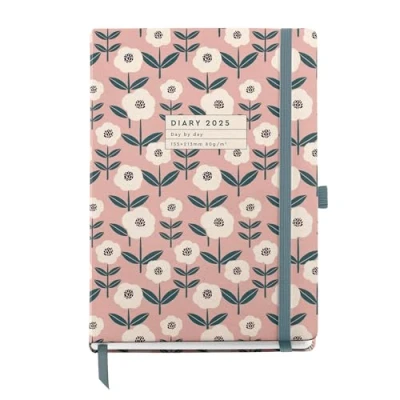 Image of Miquelrius 2025 Diary, 155 x 213 mm, Day Page Agenda, Laminated Cardboard Cover, Spiral, Elastic Closure, Paper 80 g/m², Catalan, English and Portuguese, Bloom