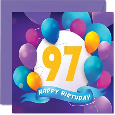 Image of 97th Birthday Card for Men Women Balloon Party Happy Cards 97 Year Old Man Woman Great Grandad Grandpa Grandma Gran Nan Nanny Mum Dad, 145mm x Bday Greeting Gift