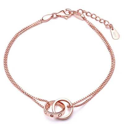 Image of Infinite U Elegant Womens Charm Bracelet 925 Sterling Silver Cubic Zirconia Interlocking Rings Hand Chain, Adjustable, Rose Gold/Silver (Rose Gold)