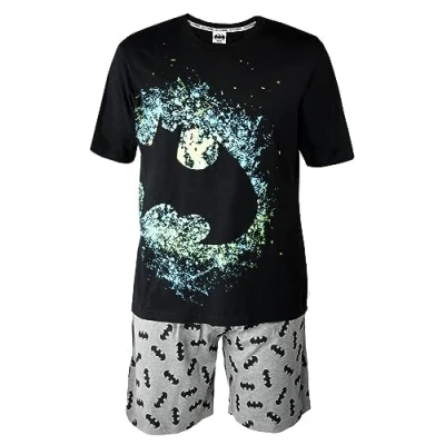 Image of BATMAN Men&#039;s Pyjama Set Exclusive DC Comics Licensed Black Cotton Tee with Glow In The Dark Bat Signal &amp; Grey Shorts Sizes XS XL (M6_0282_Y, UK, Alpha, XS, Regular, Regular)