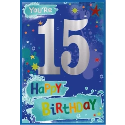 Image of Age 15 Boy Birthday Card Multicoloured Writing Stars with Blue Foil 7.5x5.25&quot;