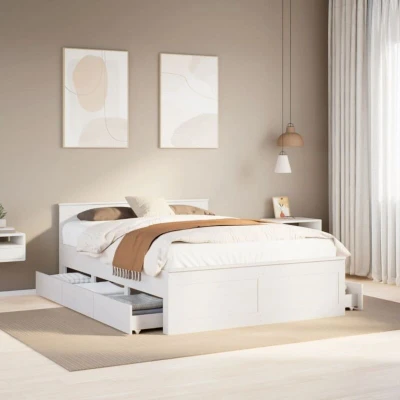 Image of vidaXL Bed Frame King Size with Drawers, Pine Wood, White 206 x 154.5 75 cm Fits 150 200 Mattress, without Mattress &amp; Headboard