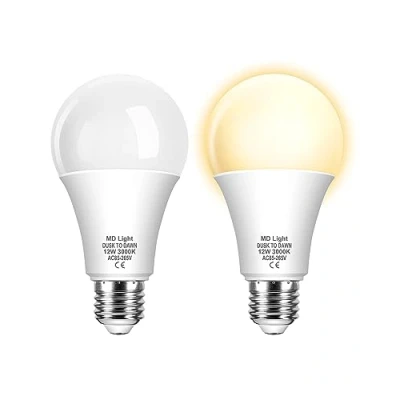 Image of 12W E27 Dawn Till Dusk Light Bulbs, ES Screw Sensor LED Warm White 3000K, Smart Automatic On/Off, Outdoor Indoor Lighting Bulb for Porch, Garden, Yard, Patio, 2 Pack