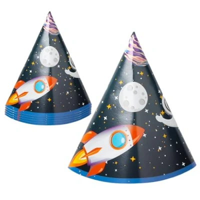 Image of Procos Party Cone Hats Rocket Astronaut Space FSC Paper, 6 Pieces, Multicoloured, PR93738