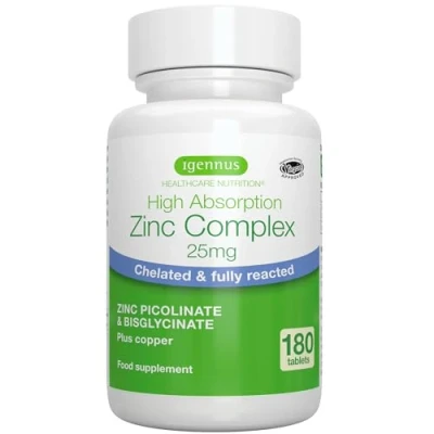 Image of High Absorption Zinc Picolinate &amp; Bisglycinate 25mg with Copper, 6 Month Supply 180 Tablets, Clean Label Supplement for Immune, Skin and Cellular Health, Chelated Forms, Vegan, One a Day, by Igennus