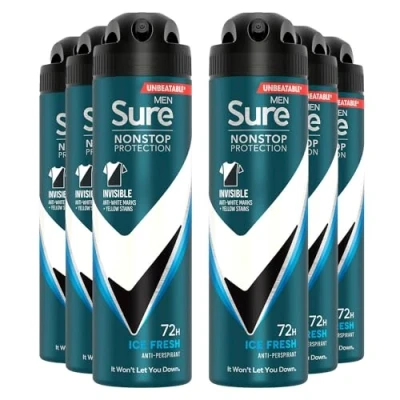 Image of Sure Antiperspirant 72H Nonstop Sweat and Odour Protection Alcohol Free Body Spray Anti White Marks with Fresh Sporty Scent Multi Fragrance Deodorant for Men, 150ml Pack of 6 (Ice Fresh)