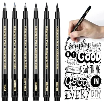 Image of Calligraphy pens set for Beginners Brush APOGO 6 Pack Caligraphy Writing, Book, Bullet Journal Accessories, Black Pen Art Writing