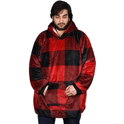 Image of True Face Blanket Hoodie Unisex Oversized Ladies Sherpa Fleece Ultra Plush Hooded Sweatshirt Multi Big Check2 Heavy One Size