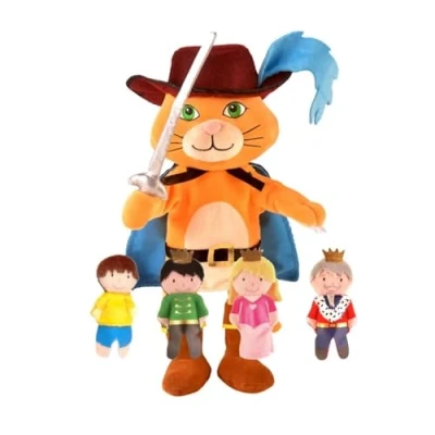 Image of Fiesta Crafts Puss in boots Hand Puppet for Kids Soft &amp; Interactive Toy with Moving Mouth Arms Role Play, Creativity Sensory Skills Gift Toys 3 Year Old Boys Girls