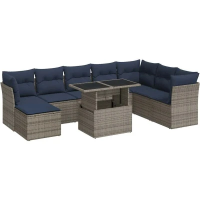 Image of Vidaxl 9 Piece Garden Sofa Set with Cushions Grey Poly Rattan Acacia