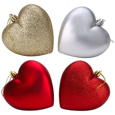 Image of Christmas Concepts® 4 100mm Heart Shaped Baubles Matte &amp; Glitter Design Decoration (Red, Silver Gold)