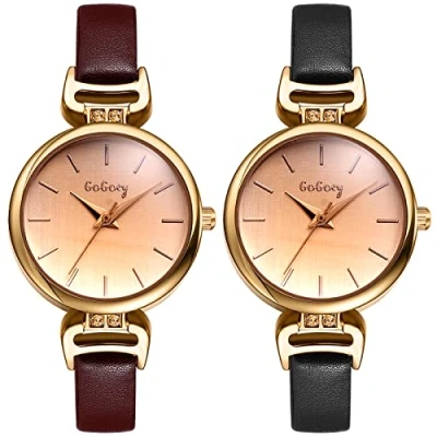 Image of JewelryWe Leather Wristwatch for Women Round Analog Quartz Watch Minimalist Business Casual Dress Watch, Mother&#039;s Day