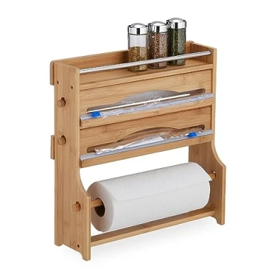 Image of Relaxdays 3 in 1 Roll Holder, for Aluminium Foil, Cling Film, Paper Towels, Spice Rack, Bamboo, 40x40x11.5 cm, Natural, 40 x 11.5 cm