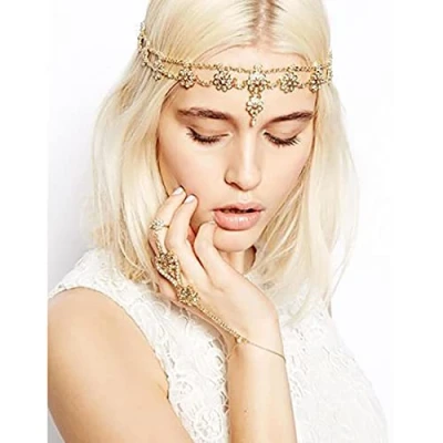 Image of Prosy Bridal Rhinestone Flower Head Chain Headpiece Wedding Headband Bead Hair Piece Festival Jewerly for Bride and Bridesmaids (Silver)