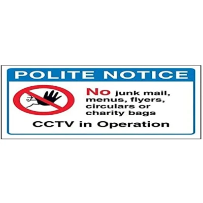 Image of V Safety Polite Notice: No Junk Mail, Menus Or Flyers Sign 200mm x 150mm Self Adhesive Vinyl