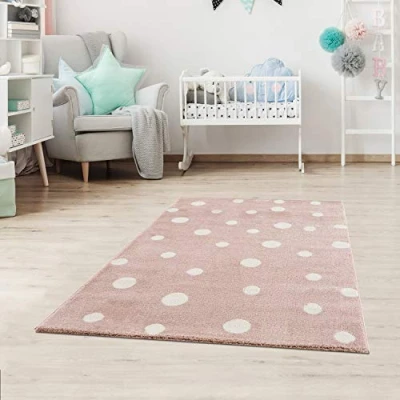 Image of Fashion4Home Children&#039;s Rug Dots Polka for Room Beige Blue Pink Non Toxic Nursery Rugs