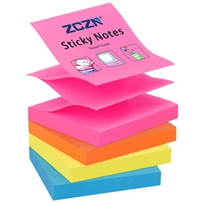 Image of ZCZN Pop up Sticky Notes 76 x mm, 4 Pads Assorted Colours Self Stick Notes, 100 Sheets/Pad, (Blue,Orange,Rose Red,Yellow)