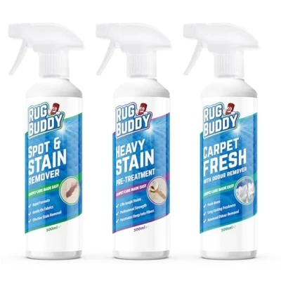 Image of Rug Buddy Carpet Care Cleaning Kit Bundle Includes Heavy Stain Pre Treatment, Spot Remover &amp; Fresh with Odour Suitable for Fabric Upholstery (3x 500ml)