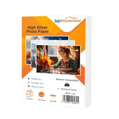 Image of Labelwonderland Inkjet 7x5 Photo Paper Pack of 100 Sheets for Printer 230 GSM 13 x 18cm