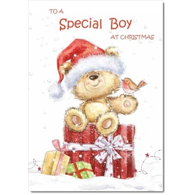 Image of doodlecards Special Boy Christmas Card Cute Bear with Parcels Medium Size Plain Envelope