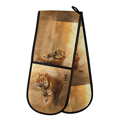 Image of PUXUQU Oven Gloves Double Mitts Gloves, Vintage Tiger Heat Resistant for Baking BBQ Kitchen Cooking