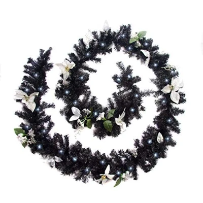 Image of Best Artificial Black Silver Decorated Christmas Garland with Bright White LED Lights (12ft / 360cm)