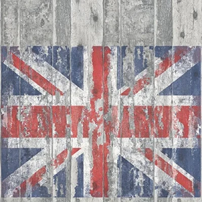 Image of G45382 Grunge Textured Wood Union Jack Grey Red White Blue Galerie Wallpaper