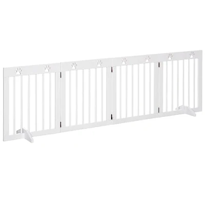 Image of PawHut Freestanding Pet Gate 4 Panel Wooden Dog Barrier Folding Safety Fence with Support Feet up to 204cm Long 61cm Tall for Doorway Stairs White