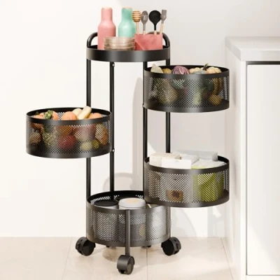 Image of loyliawa Fruit Basket for Kitchen, Rotating Storage Rack 3/4 Tier Circular with 360 Degree Wheels, Vegetable Metal Wire Shelf Top Lid Kitchen Four Layer
