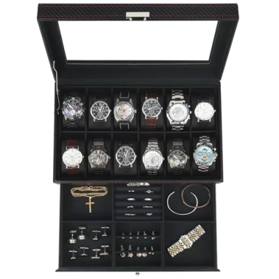 Image of Kukikan Watch Box Jewelry Organizer, 12 Slot 2 Layer Case Storage with Large Glass Lid, for Men Lock, Holder Display Case, Gift Women