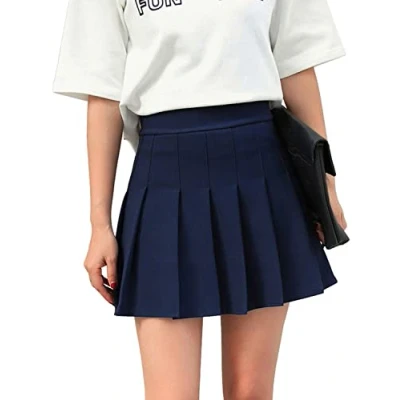 Image of Hoerev Women Girls Short High Waist Pleated Skater Tennis School Skirt,S, Navyblue 6