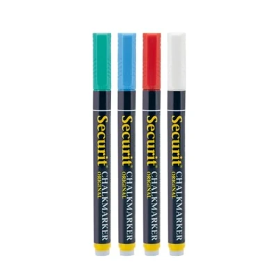 Image of Securit Liquid Chalk Markers Colours Pack of 4 (Blue, Red, Green &amp; White) Pens, Board Pens