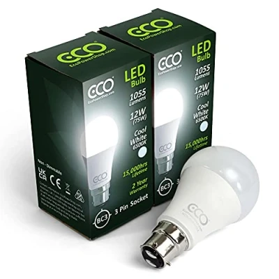Image of 3 Pin BC3, Non DIMMABLE, 12W Energy Saving LED Light Bulb, 75W Equivalent, 15,000hrs Lifetime. (Cool White 6500K, 2X Pack)
