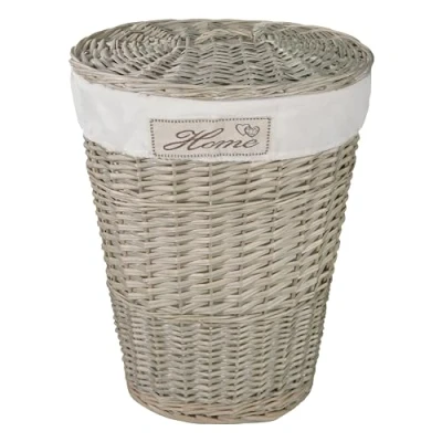 Image of Wicker Oval Laundry Basket Bathroom Storage Bag Bin With Liner and Lid (Grey Washed)