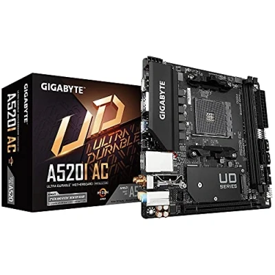 Image of Gigabyte A520I AC Motherboard Supports AMD Ryzen 5000 Series AM4 CPUs, 6 Phases Digital VRM, up to 5300MHz DDR4 (OC), 1xPCIe 3.0 M.2, WIFI, GbE LAN, USB 3.2 Gen1
