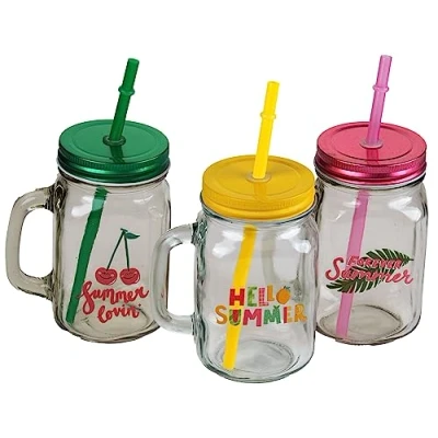 Image of BWG Summer Design Drinking Mason Jars with Handle Lid Reusable Straw Set of 3