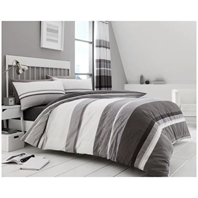 Image of GC GAVENO CAVAILIA Reversible Duvet Cover Set Grey, Striped Bedding King Size, Easy Care Polycotton Quilt Covers