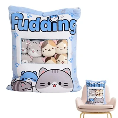 Image of Cute Throw Pillow Stuffed Toys, Removable Kitty Cat Plush Snack Pillow, Pudding Decorative Animal Dolls, Bed Couch Creative Toy Teens Kids