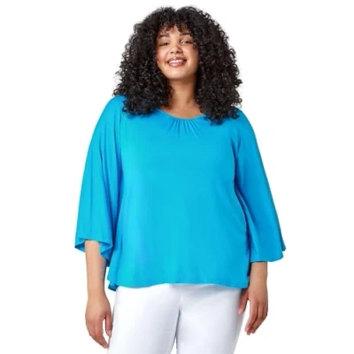 Image of Roman Curve Stretch Jersey Cape Sleeve Top for Women UK Ladies Everyday Holiday Spring Summer Round Neckline Comfy Soft Evening Vacation Work Party Turquoise Size 18
