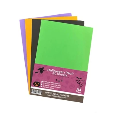 Image of DJP 160 GSM A4 Halloween Coloured Card Flame Orange, Black, Billiard Green &amp; Intensive Lilac (Pack of 40 Sheets) 10 Sheets Each Colour