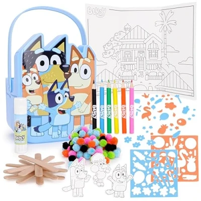 Image of Toyland® 28 Piece Bluey Craft Bucket Activity Set 25 Accessories, 1 Glue Stick, Folding Colouring Scene &amp; Arts Crafts Toys