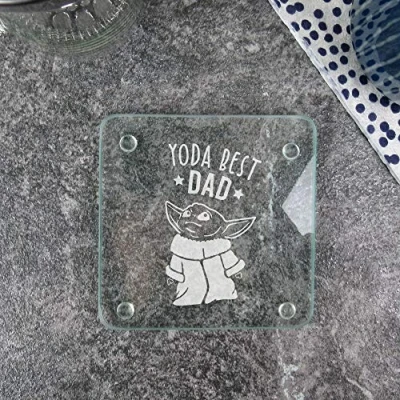 Image of eBuyGB Personalised Square Glass Coaster, Engraved Baby Yoda Star Wars Themed Drinks Mat, Funny Gifts for Dad from Daughter, Son (Yoda Best Dad)