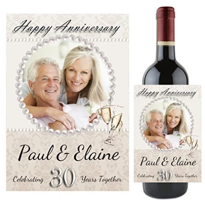 Image of Personalised Pearl 30th Wedding Anniversary Wine/Champagne Bottle Photo Label Gift Present Idea N91