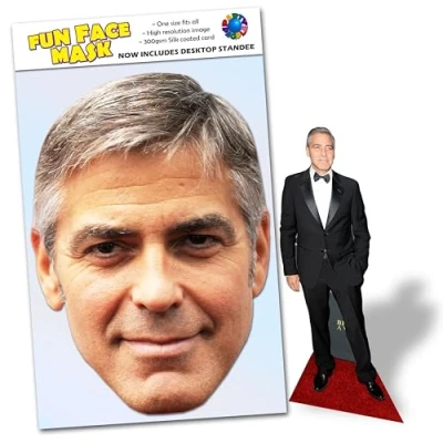 Image of Party People 1 x George Clooney Ready To Wear Celebrity Face Mask Includes Freestanding 20cm Desktop Standee Card Cutout C