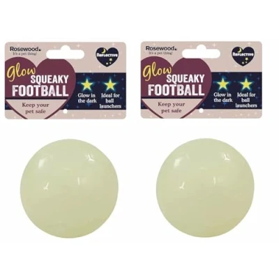 Image of 2 PACK ROSEWOOD GLOW IN THE DARK SQUEAKY FOOTBALL DOG PUPPY TOY BALL FITS LAUNCHERS